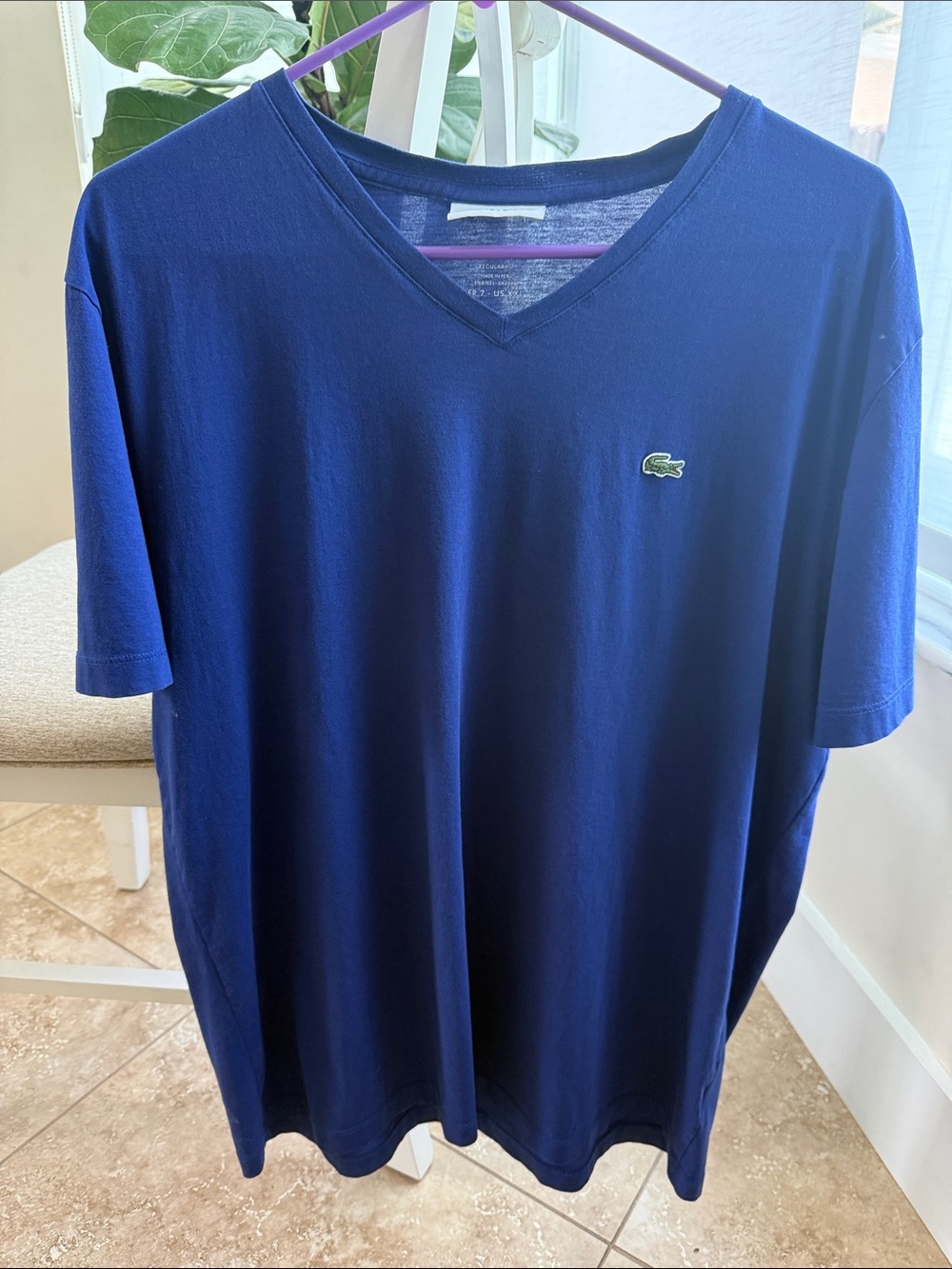 Lacoste Royal Blue V‑Neck Tee with Green Crocodile Patch XXL